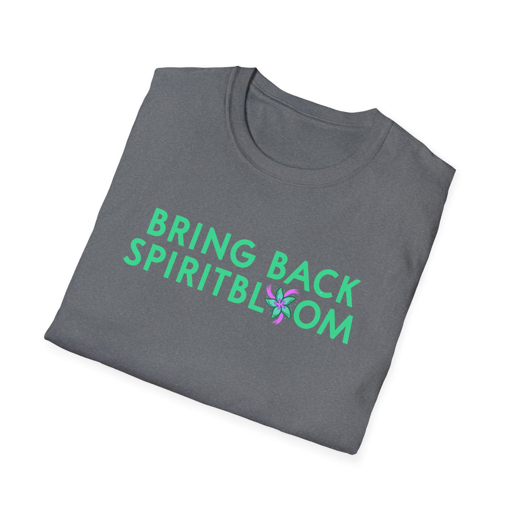 Bring Back Spiritbloom T-Shirt | Green Text with Purple Flower