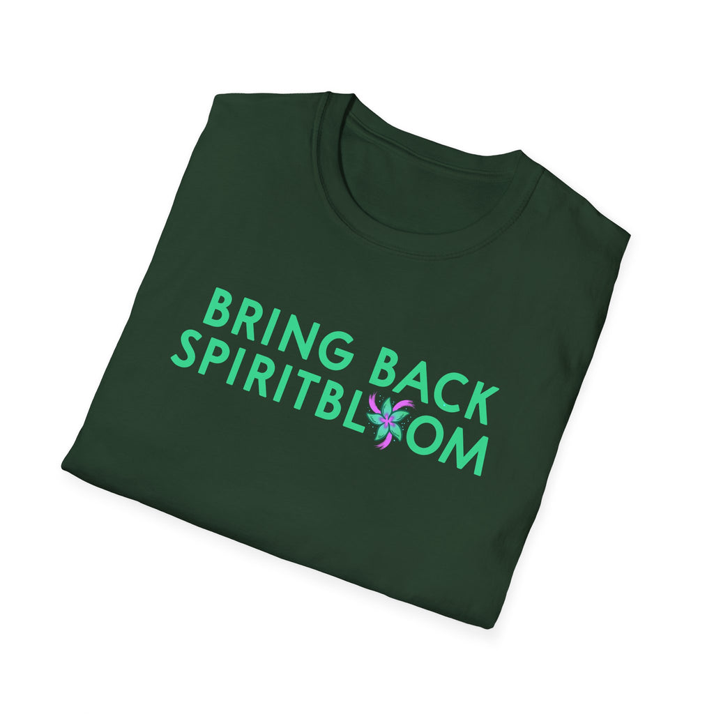 Bring Back Spiritbloom T-Shirt | Green Text with Purple Flower