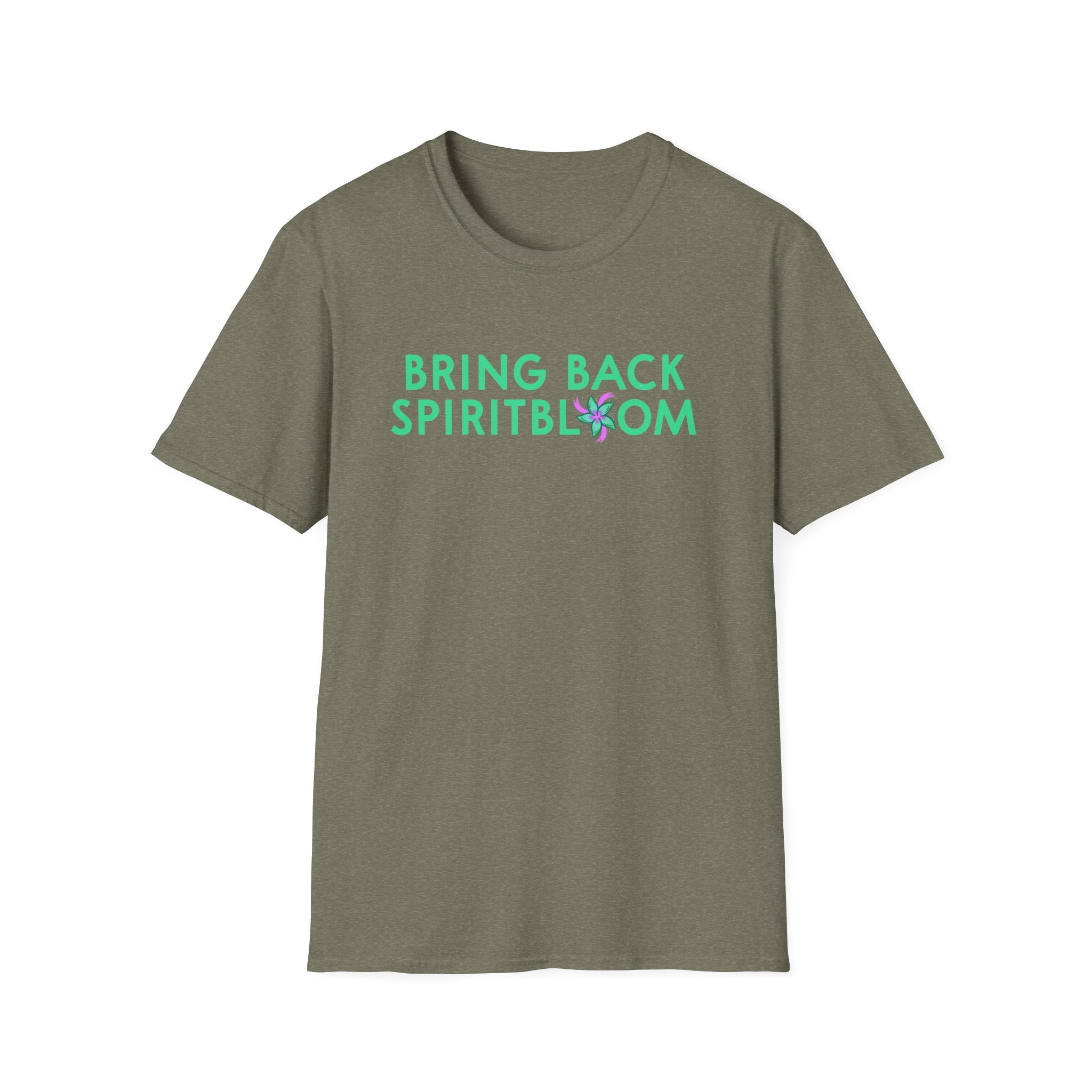 Bring Back Spiritbloom T-Shirt | Green Text with Purple Flower