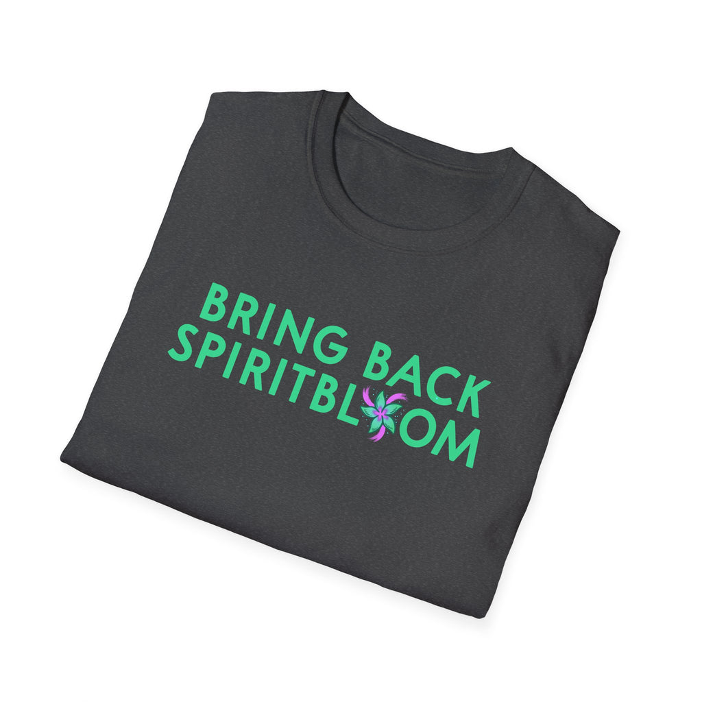 Bring Back Spiritbloom T-Shirt | Green Text with Purple Flower